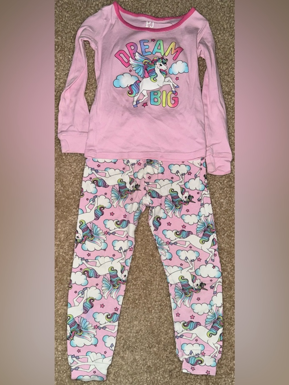 Kids Pink Unicorn 'Dream Big' Pajama Set - Long Sleeve Top & Printed Leggings